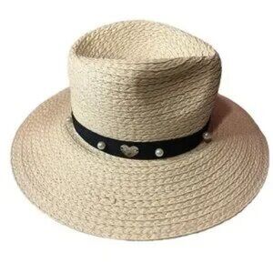 Betsey Johnson Paper Yarn Floppy Summer Hat With Pearls & Heart Accents